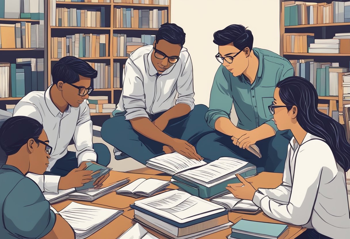 A group of GEP students engaged in a lively discussion, surrounded by books and educational materials, while working on a challenging project together