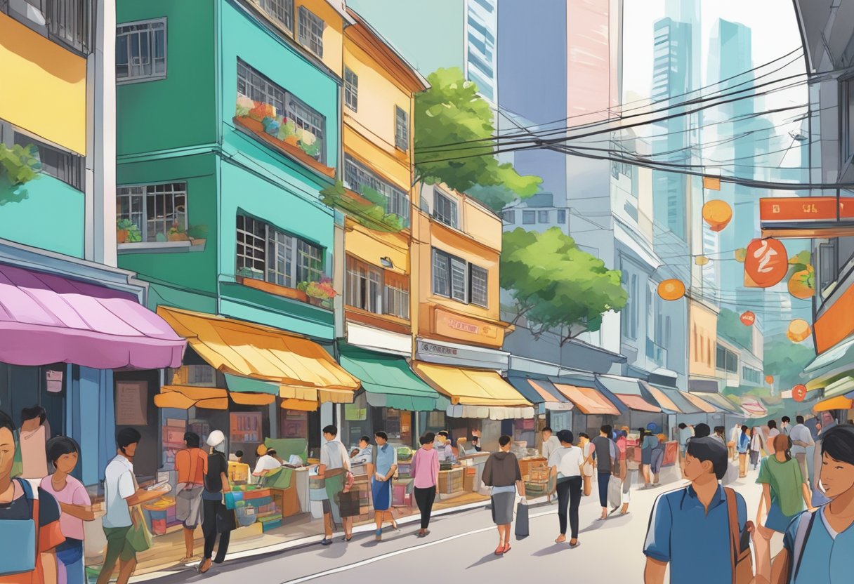A bustling Singapore street with colorful signs and people browsing