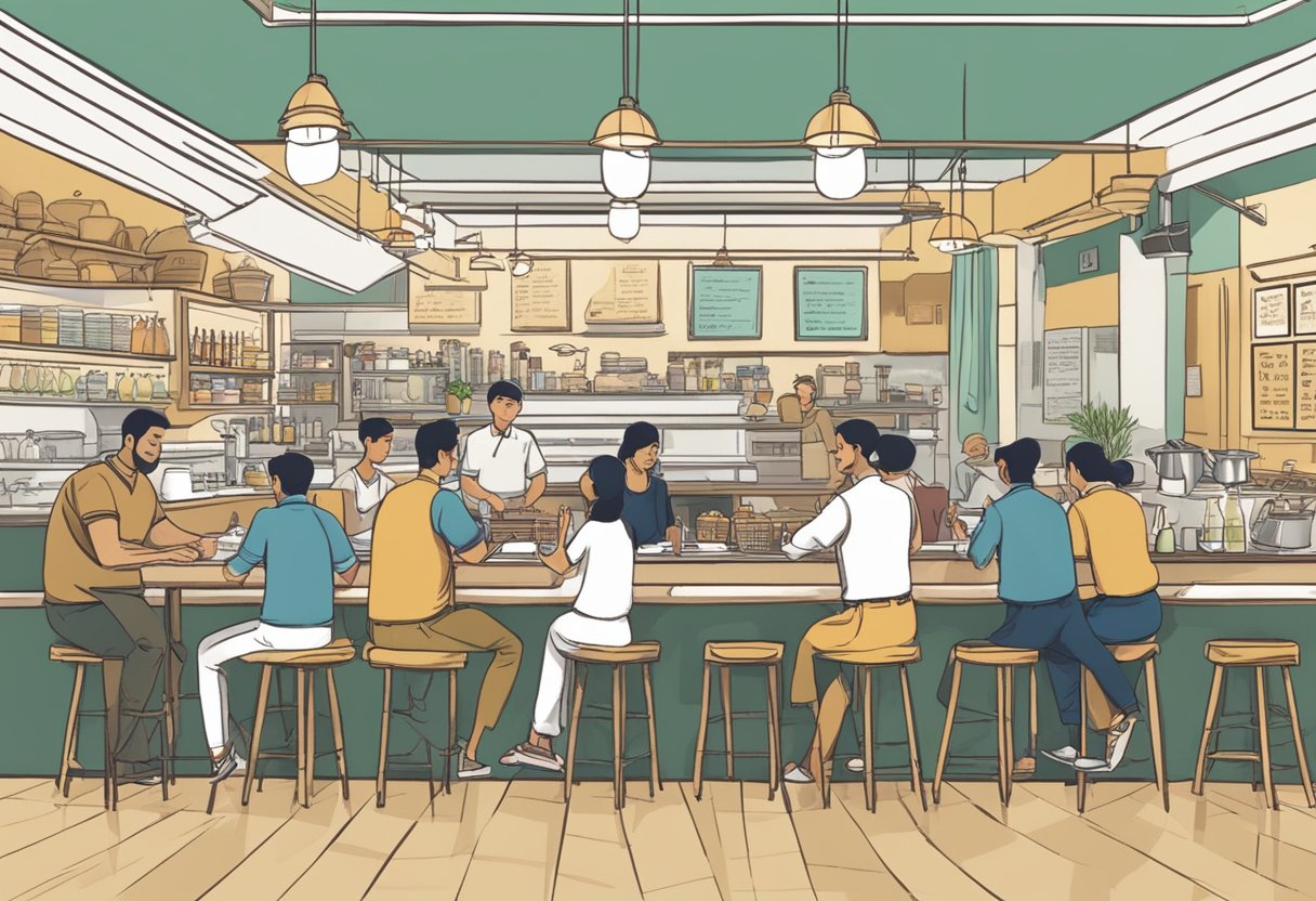 A busy restaurant with customers at tables, a counter with staff, and a sign reading "Frequently Asked Questions bikanervala singapore."