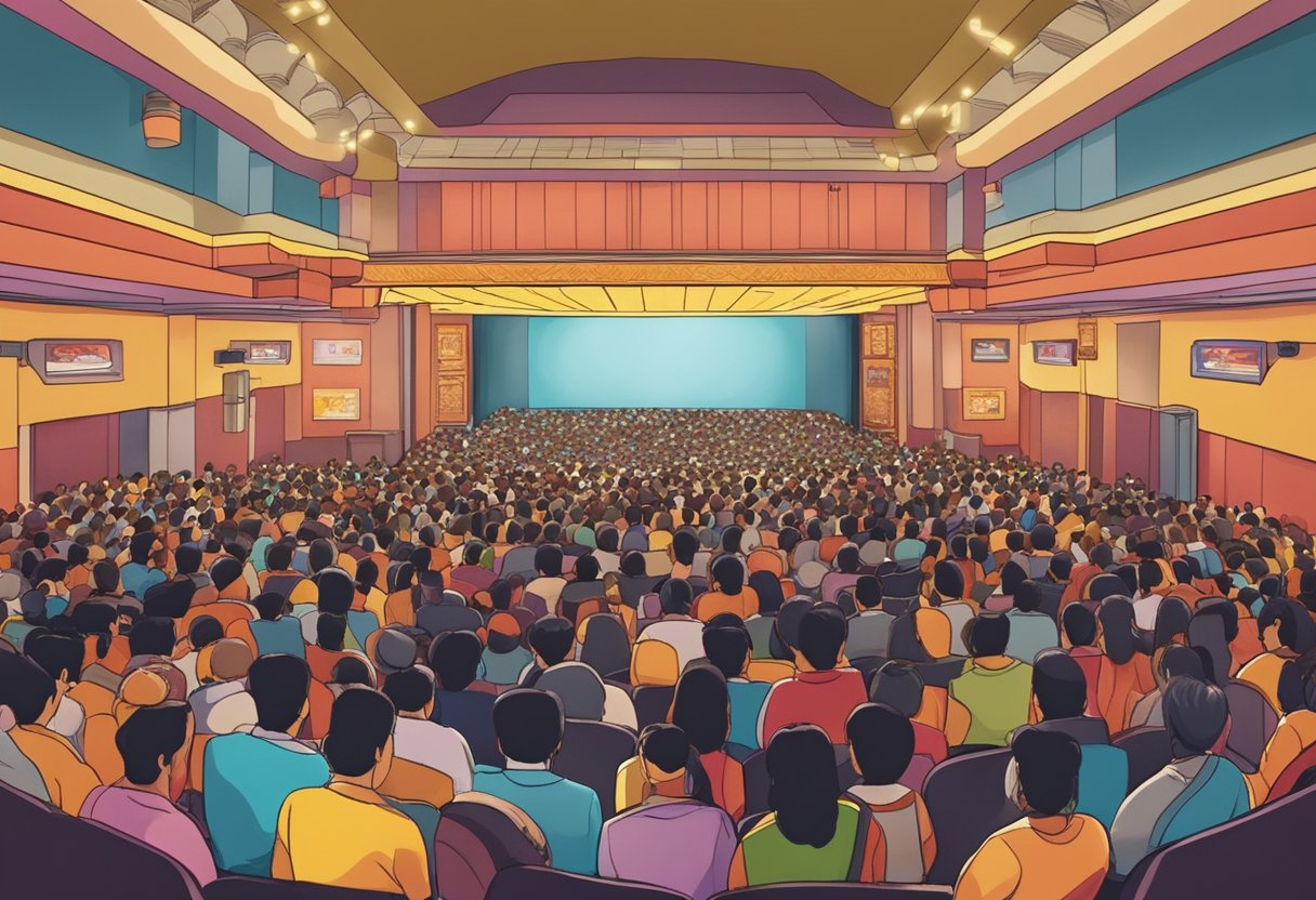 A crowded movie theater in Singapore shows Bollywood films