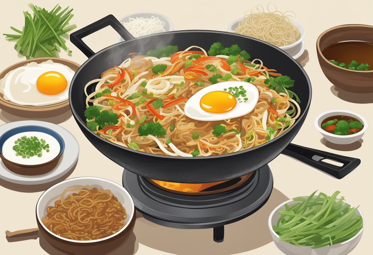 A wok sizzles as flat rice noodles, bean sprouts, chives, and egg are stir-fried with soy sauce and chili paste for fried kway teow