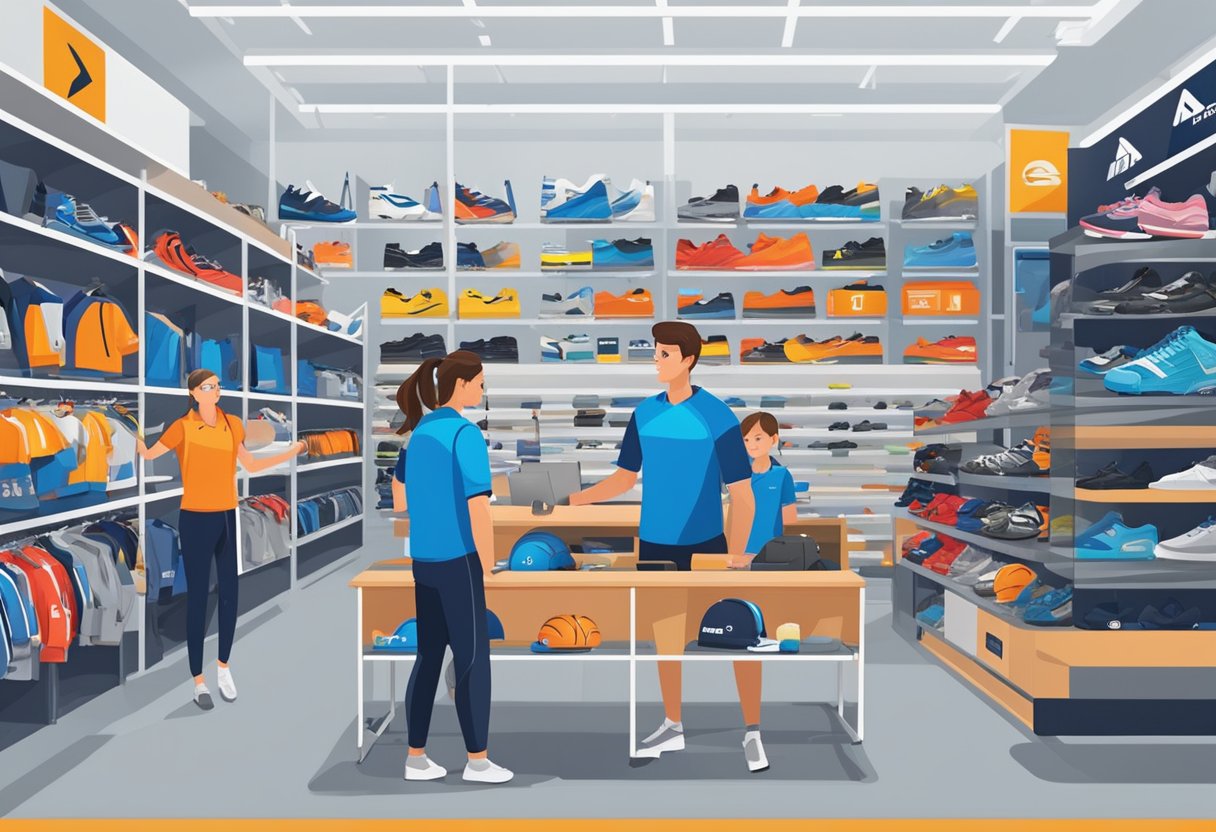 Customers browse sports gear in Decathlon store, staff assist with product inquiries and checkout. Displays showcase variety of equipment and apparel