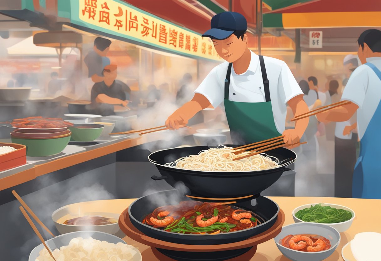 A sizzling wok tosses flat rice noodles, plump prawns, and smoky Chinese sausage in a bustling hawker center. Steam rises as the fragrant aroma of soy sauce and chili fills the air