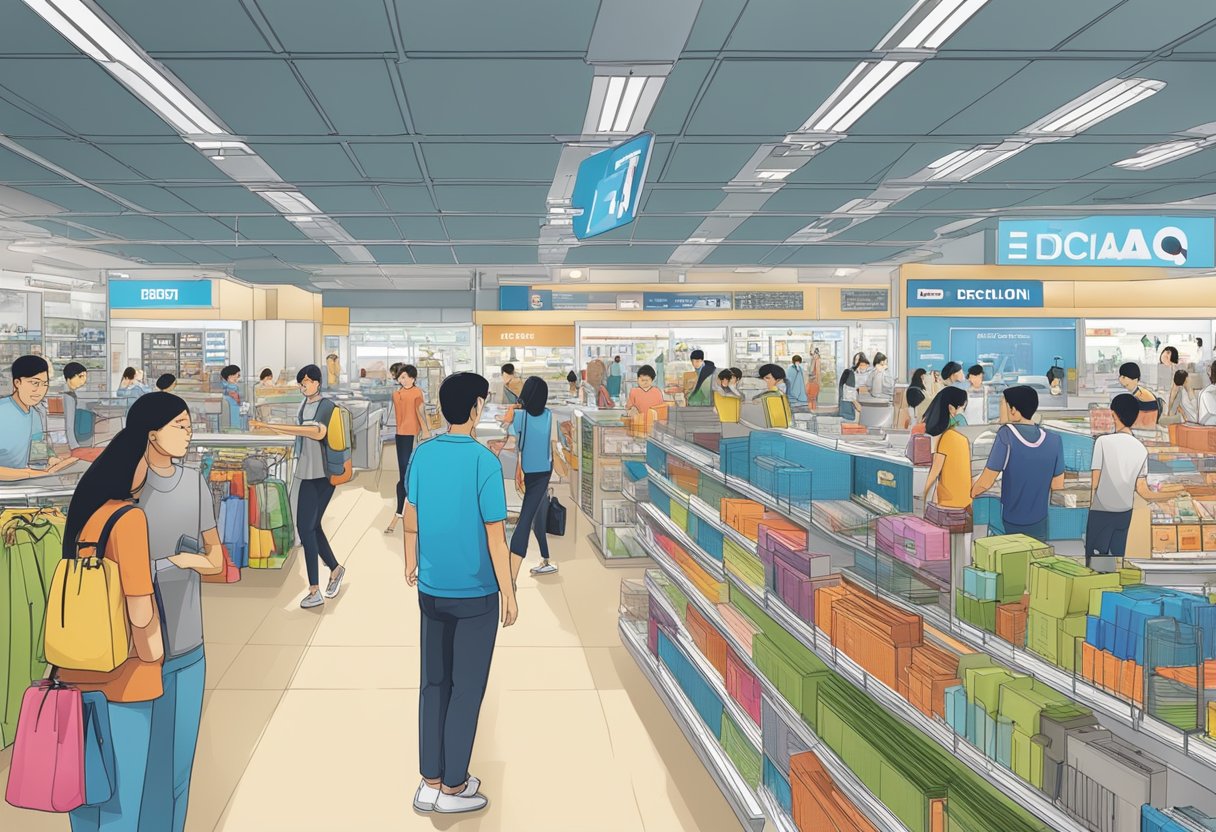 A busy Singapore outlet with customers browsing FAQ decathlon products