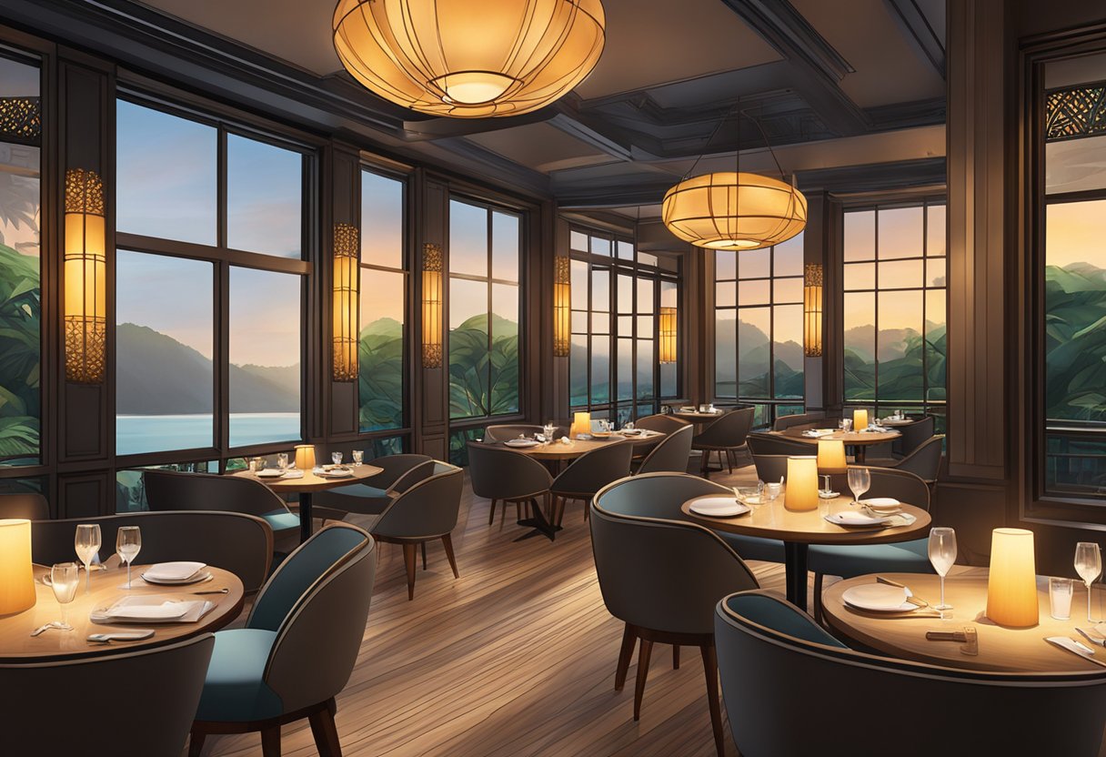 Warm light illuminates the cozy interior of Ember Restaurant in Singapore, casting a soft glow on the elegant furnishings and intricate artwork adorning the walls