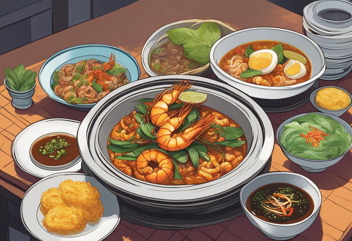 A sizzling hot plate of sambal prawns, steaming bowls of laksa, and colorful plates of Nyonya kueh fill the bustling tables at Ember restaurant in Singapore. Aromatic spices and vibrant flavors dance in the air,