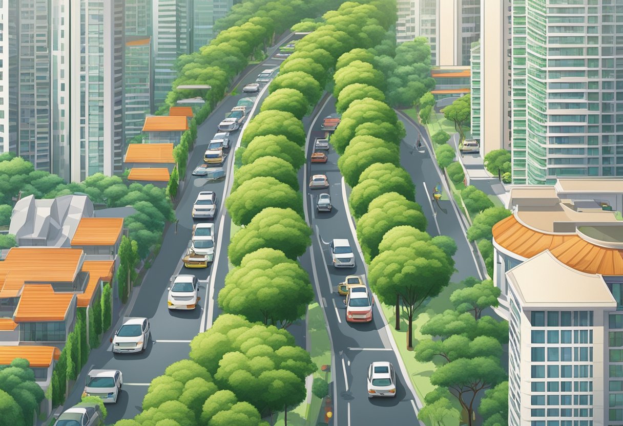 Cars parked in neat rows, surrounded by tall buildings and lush greenery, under the bright Singaporean sun