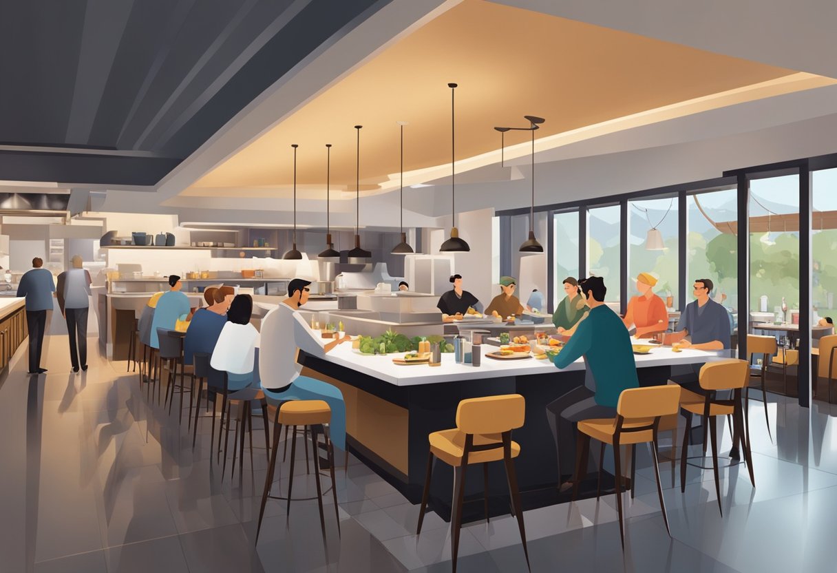Diners sit at sleek tables, surrounded by warm lighting and modern decor. A bustling open kitchen showcases chefs preparing exquisite dishes