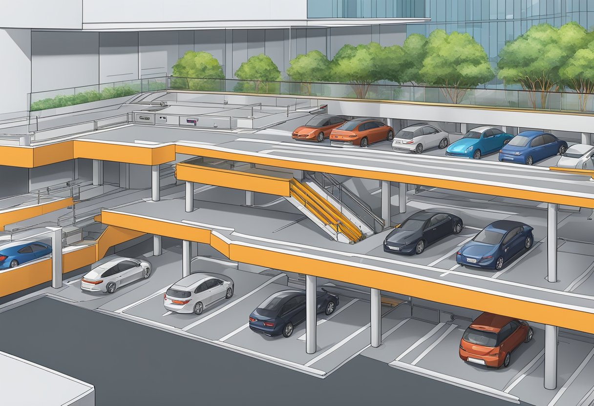 A multi-level car park with designated parking spaces, clear signage, and automated payment systems in Singapore