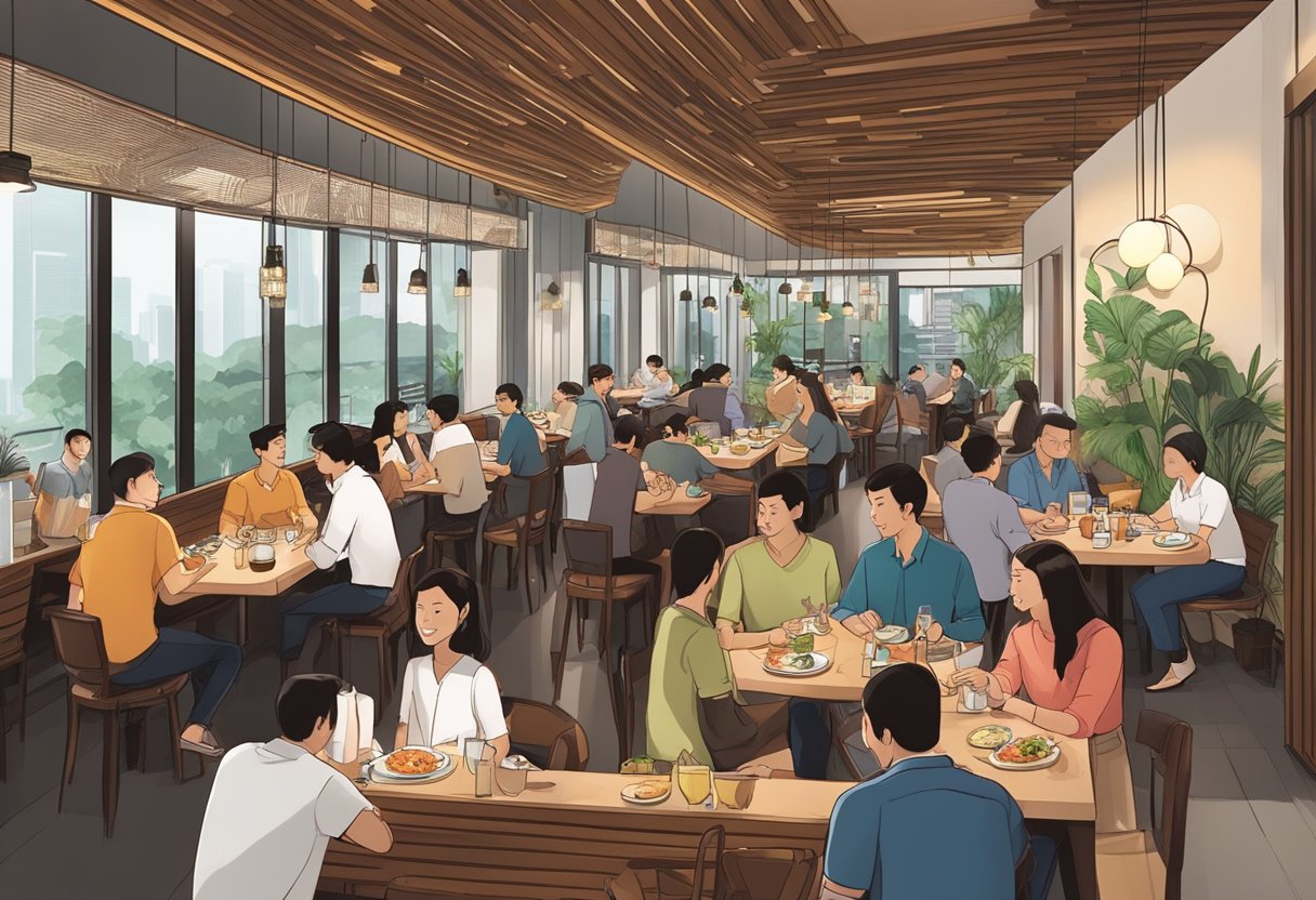 The bustling atmosphere of Ember Restaurant in Singapore, with diners enjoying their meals and staff attending to their needs