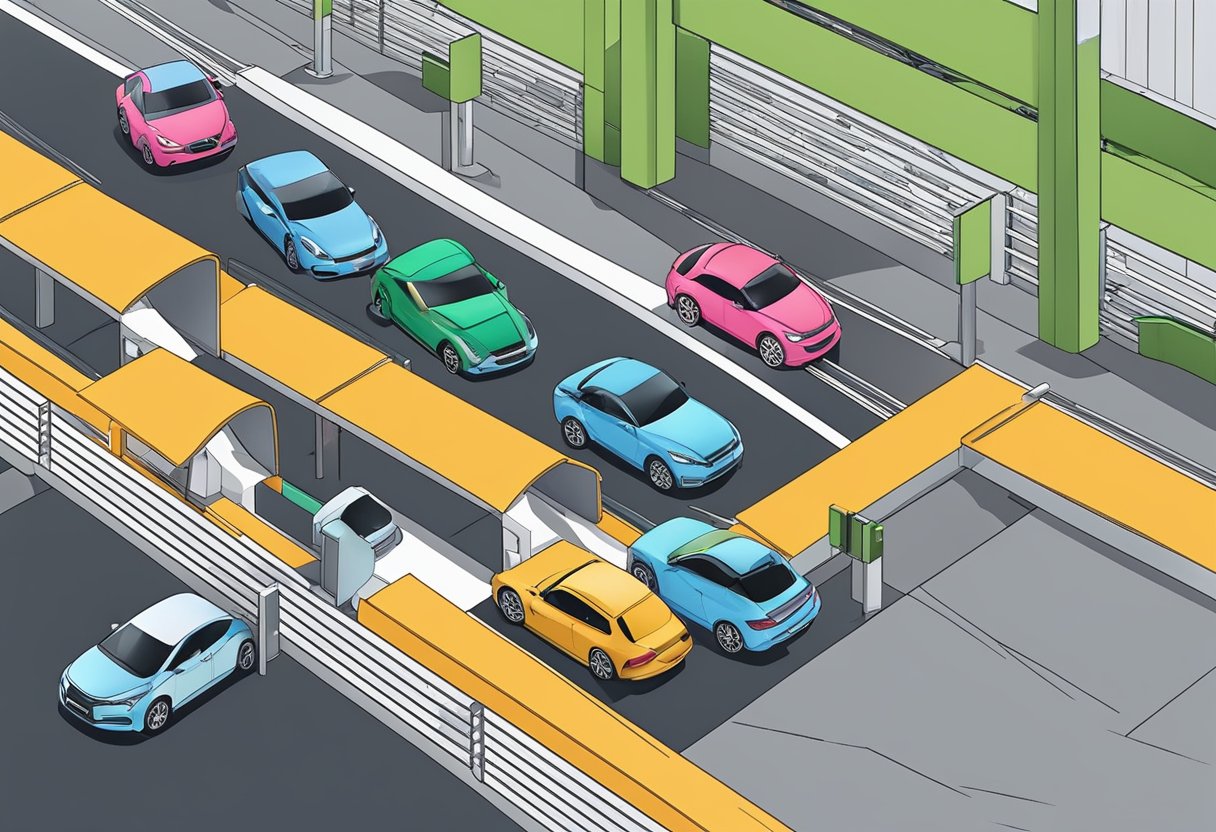 Cars entering and exiting a modern carpark in Singapore, with advanced parking systems and technology in use