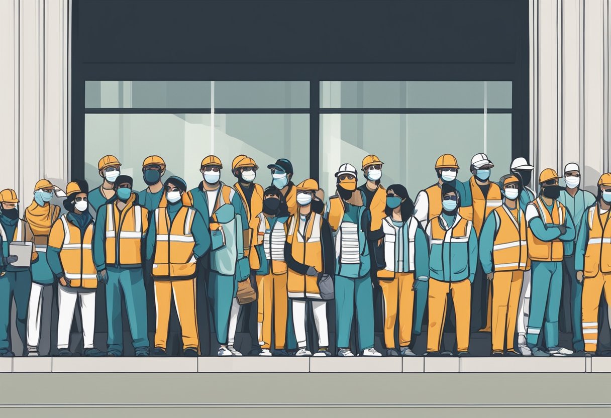 A line of people forms outside a distribution center. Workers hand out free masks, ensuring safe and efficient collection