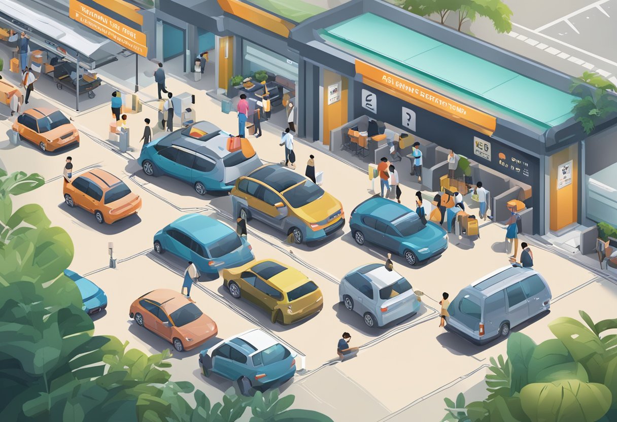 A bustling carpark in Singapore with vehicles entering and exiting, signage displaying "Frequently Asked Questions" and people seeking information at the customer service booth