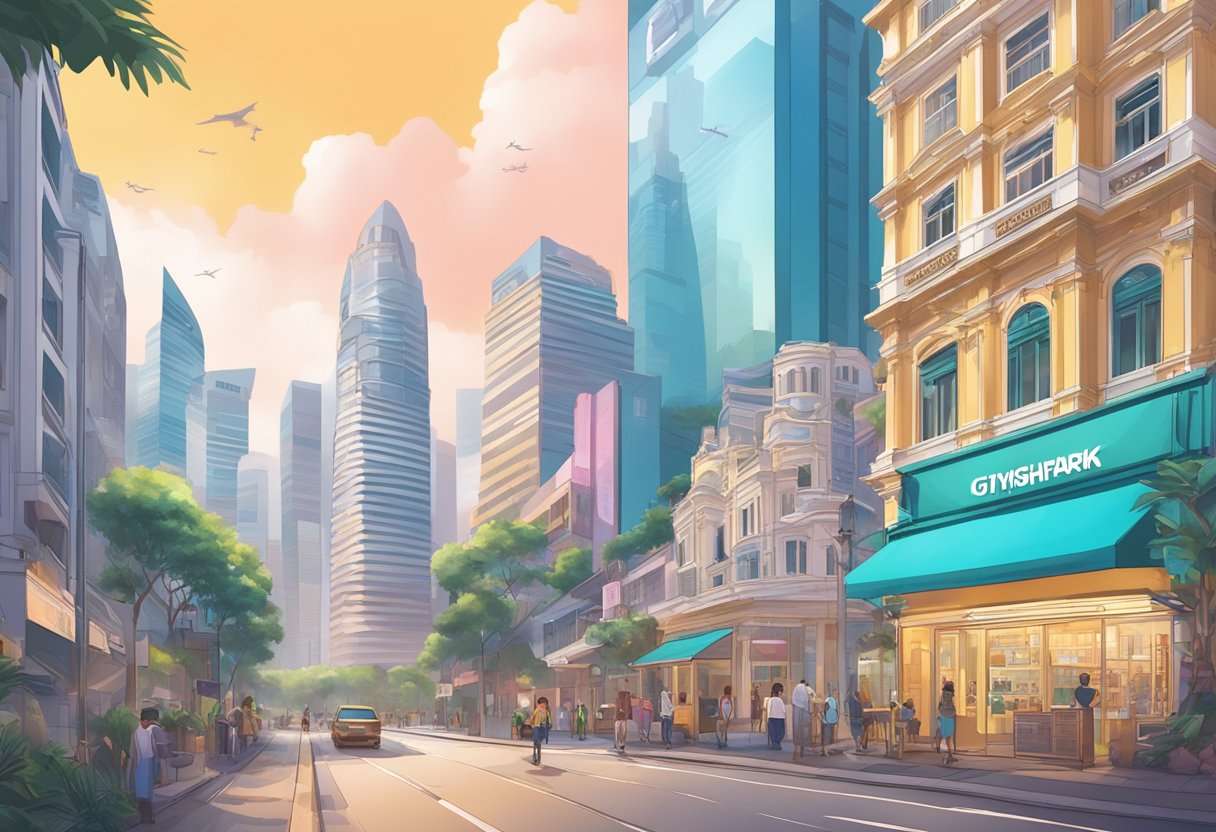 A vibrant cityscape of Singapore with iconic landmarks and a Gymshark storefront in the foreground