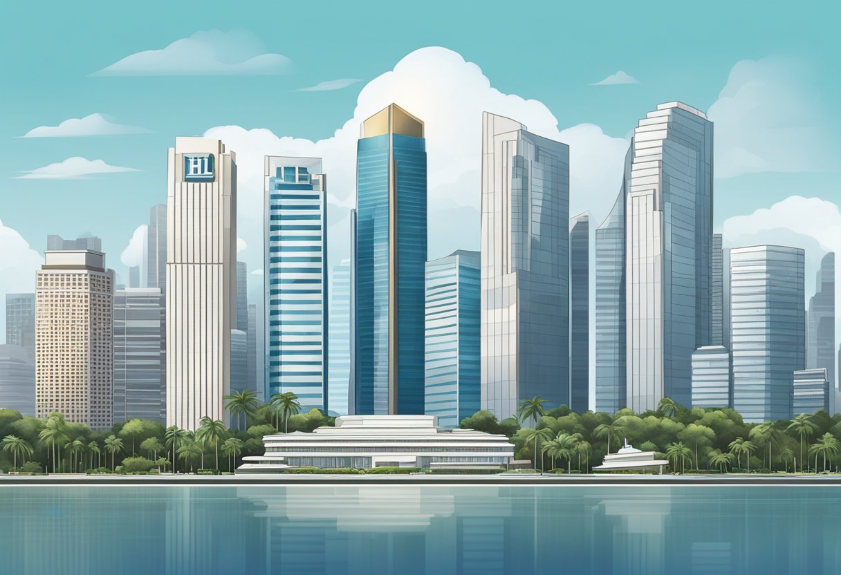 The iconic HL Bank building in Singapore stands tall against the city skyline, with its sleek and modern architecture gleaming in the sunlight