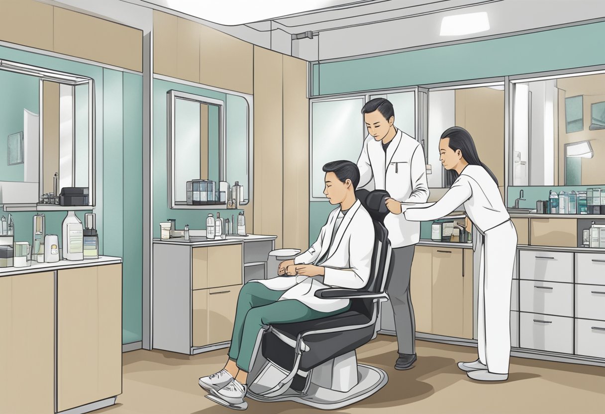 A person sitting in a chair while a professional applies a hair loss treatment in a modern clinic in Singapore