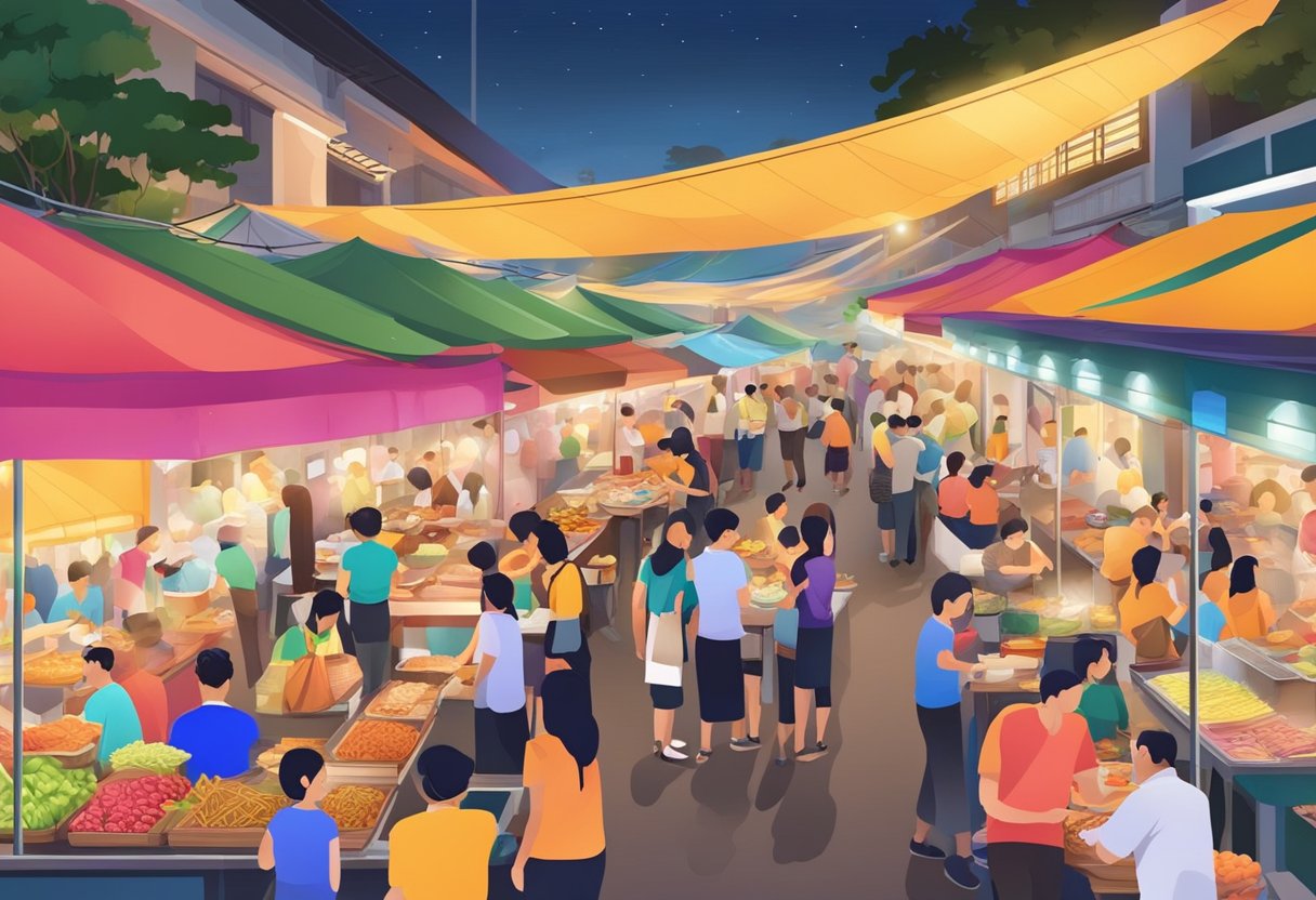 Busy hawker center in Singapore, with colorful food stalls and bustling crowds under bright, overhead lights