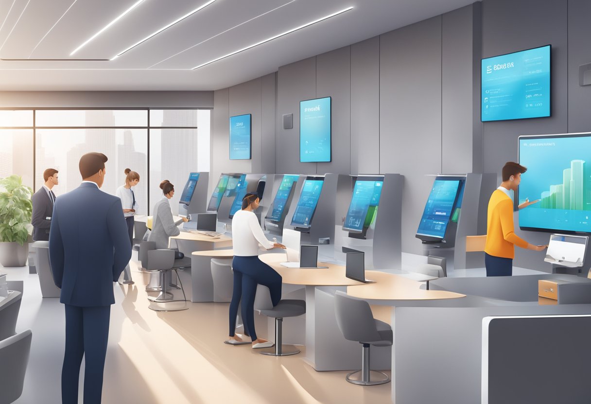 A modern bank branch with sleek design and digital screens, customers using self-service kiosks, and staff assisting clients at desks