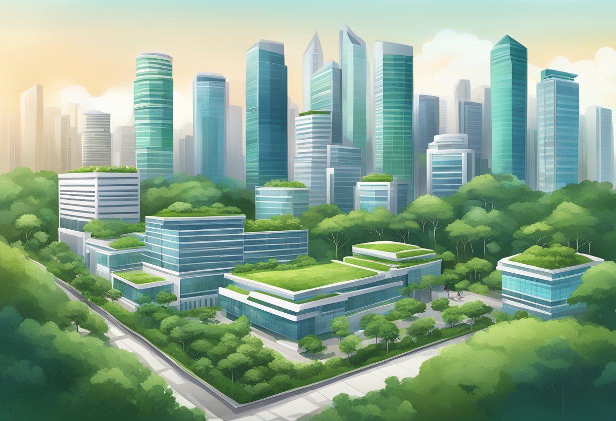A serene Singaporean landscape with a modern hair loss treatment clinic nestled among skyscrapers and lush greenery