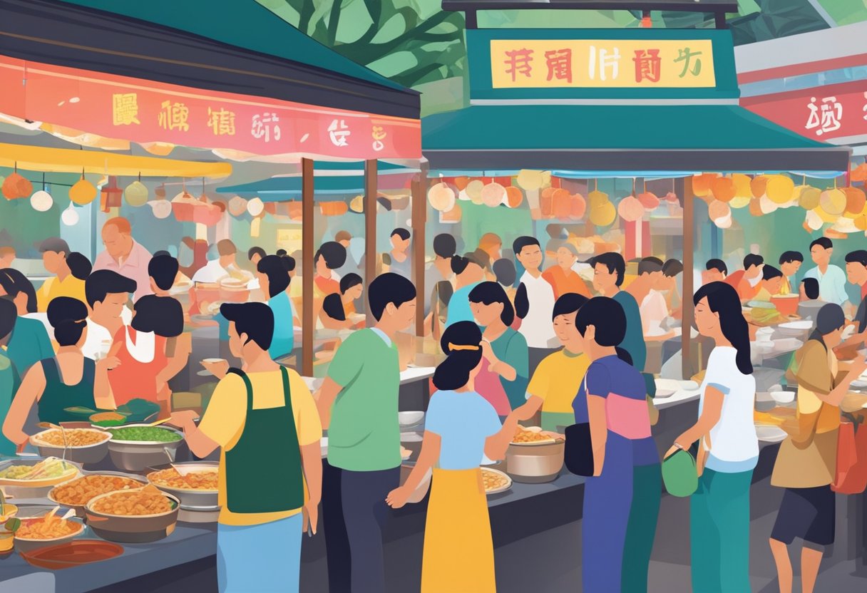 People sampling diverse dishes at bustling Hawker Centre in Singapore. Colorful food stalls line the open-air space, filled with the aroma of sizzling woks and the chatter of hungry patrons