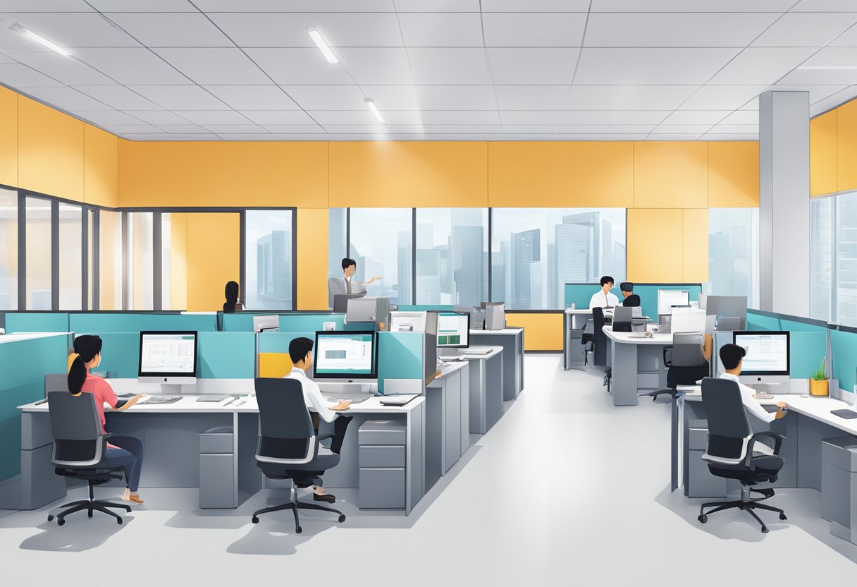 A modern office space with employees using advanced technology to provide customer support for HL Bank in Singapore