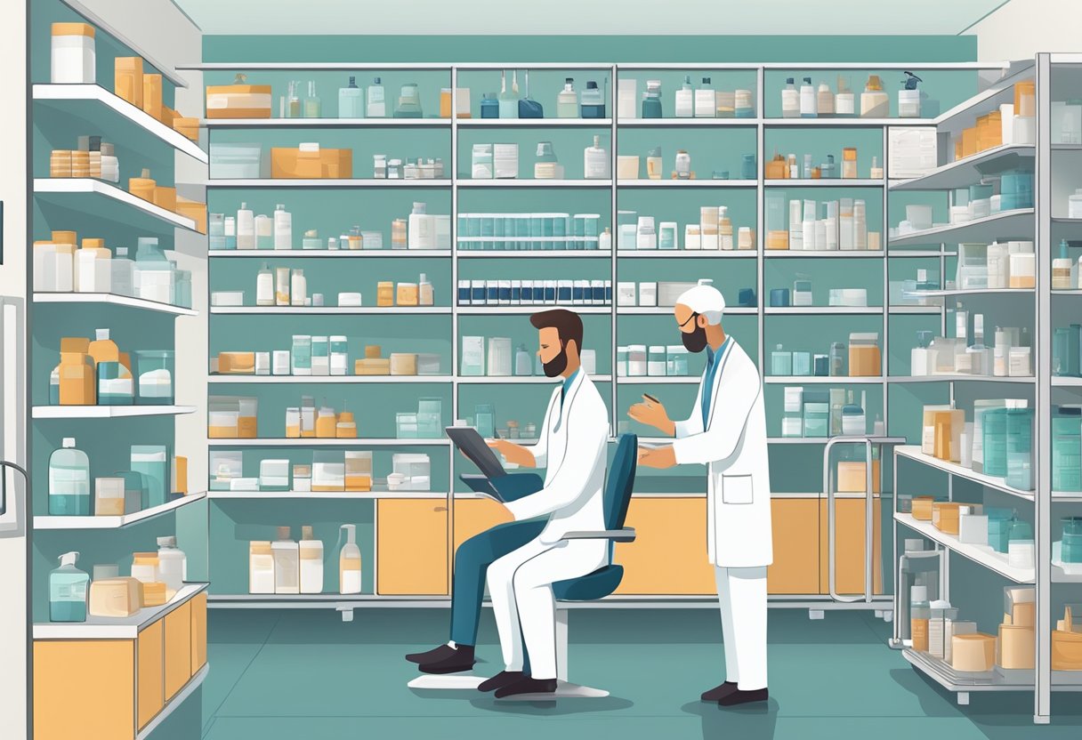 A serene, modern clinic setting with a doctor consulting a patient on hair loss treatments. Shelves lined with various products and equipment, and a calming atmosphere