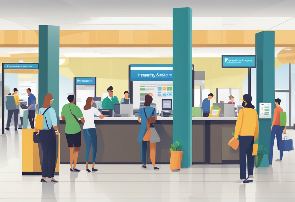 A bustling bank lobby with customers at service desks, an information kiosk, and a prominently displayed "Frequently Asked Questions" sign