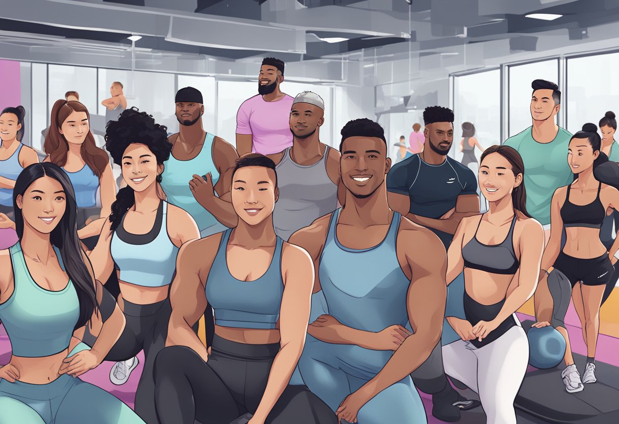 A diverse group of people gather at a gym, wearing Gymshark apparel. They engage in workouts and socialize, showcasing the brand's community and influence in Singapore