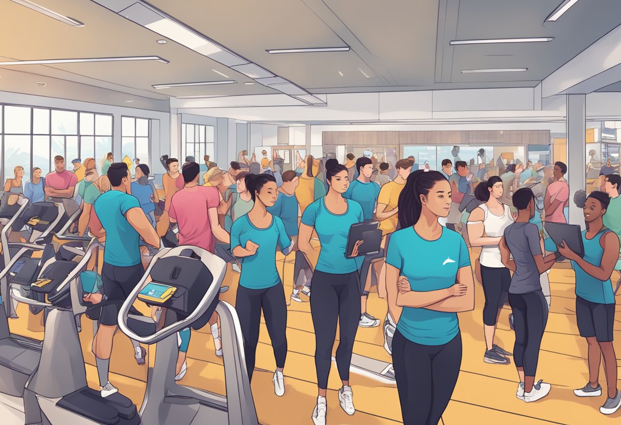 A crowded gym with people wearing Gymshark apparel, browsing FAQ signs and talking to staff