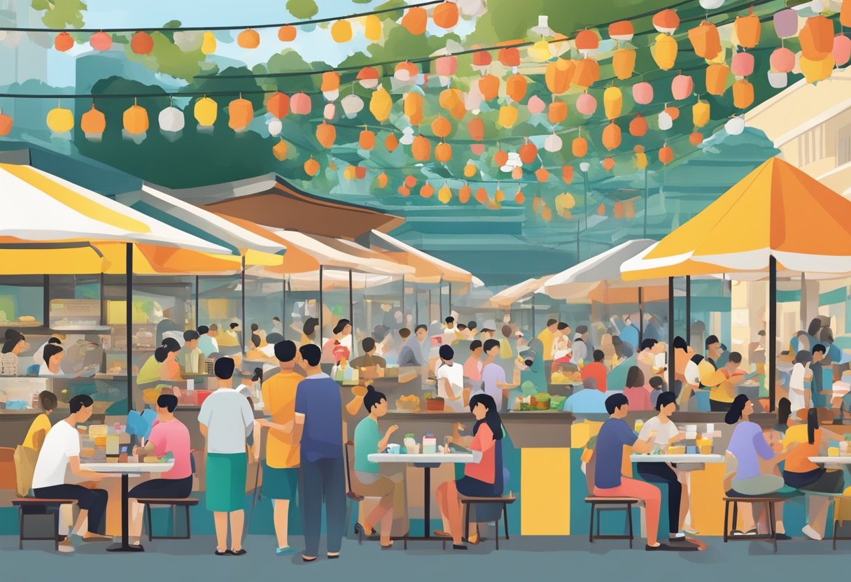 A bustling hawker center in Singapore, with colorful stalls and delicious aromas filling the air. Patrons gather around tables, enjoying a variety of local dishes