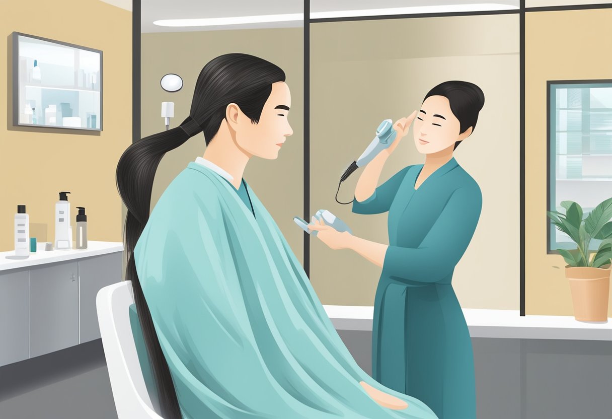 A person applying hair loss treatment in a modern Singapore clinic