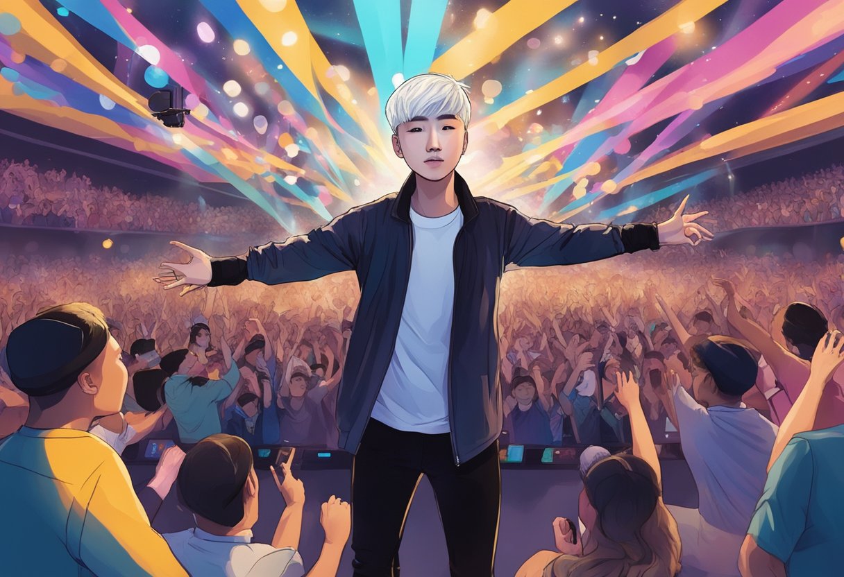 Agust D performs on stage in Singapore, surrounded by a sea of cheering fans and colorful stage lights
