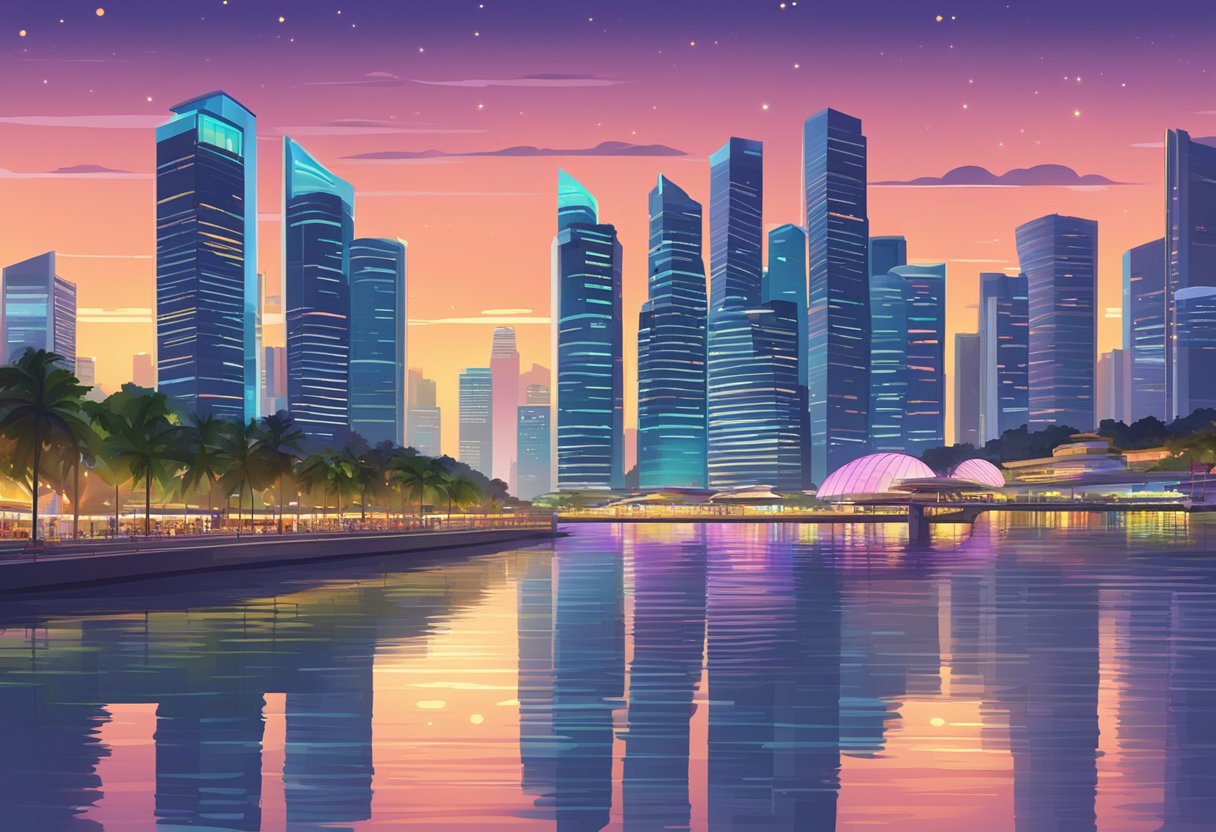 The bustling streets of Singapore at dusk, with colorful neon lights illuminating the skyline and reflecting off the calm waters of the Marina Bay