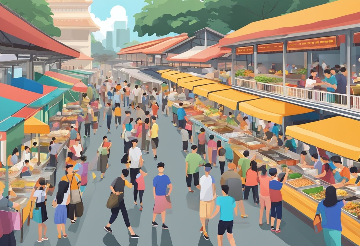 A bustling hawker center in Singapore with colorful food stalls and a crowd of people enjoying local cuisine