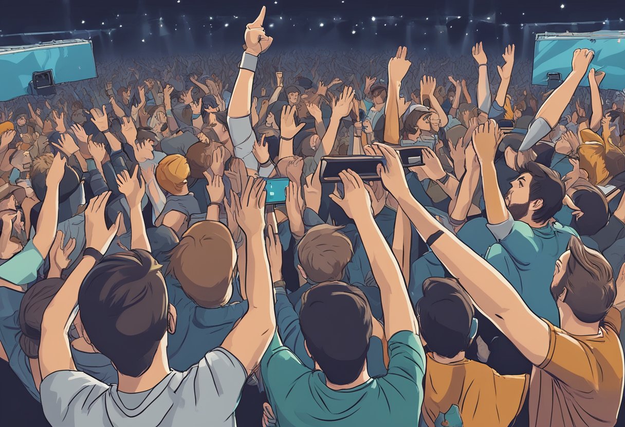 A crowded concert venue with All Time Low performing on stage, surrounded by enthusiastic fans waving their hands in the air