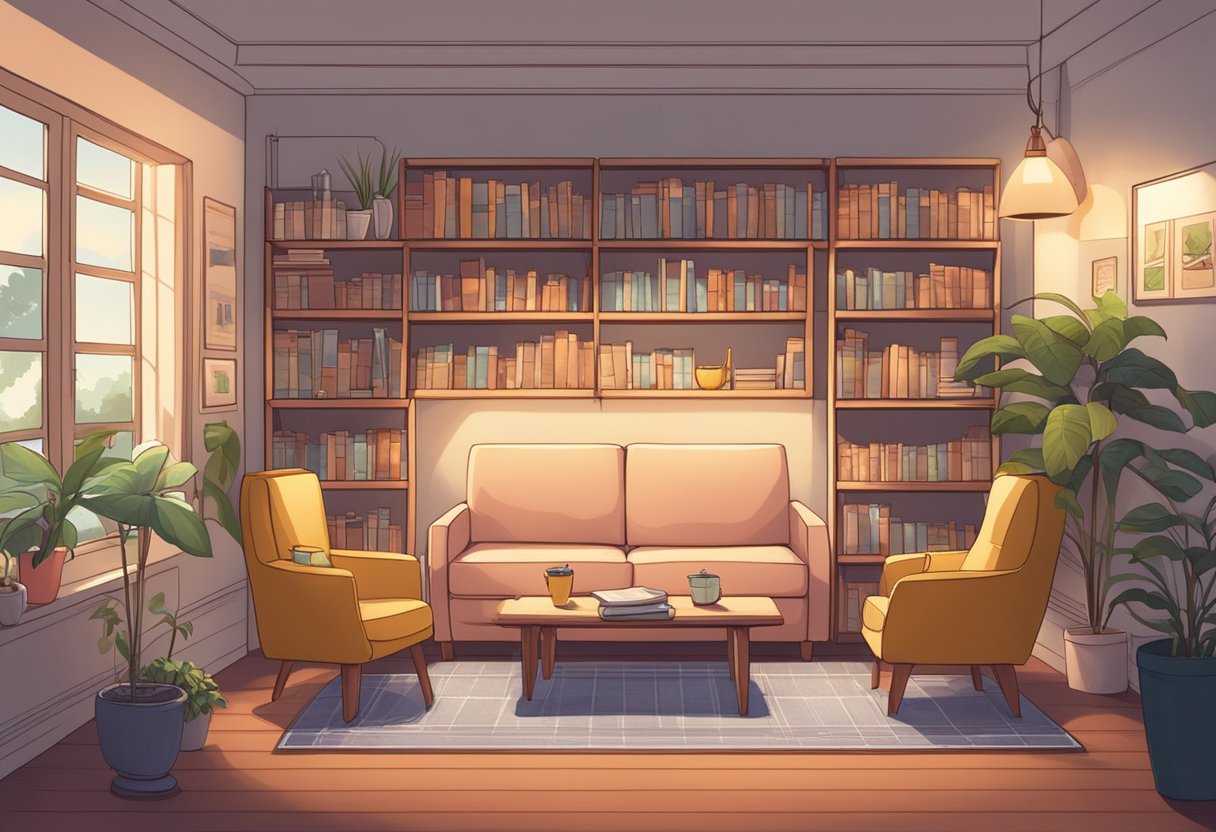 A cozy room with shelves of books, comfortable chairs, and soft lighting. A sign on the wall reads "Care Corner Singapore" in bold letters