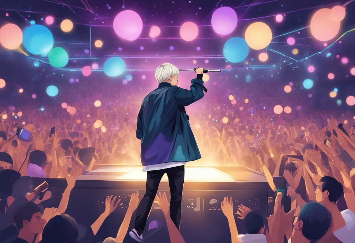 Agust D performing on stage in Singapore, surrounded by a sea of cheering fans and colorful lights