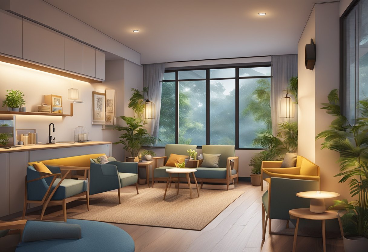 A cozy care corner in Singapore, with warm lighting and comfortable seating, inviting and comforting for those in need of care