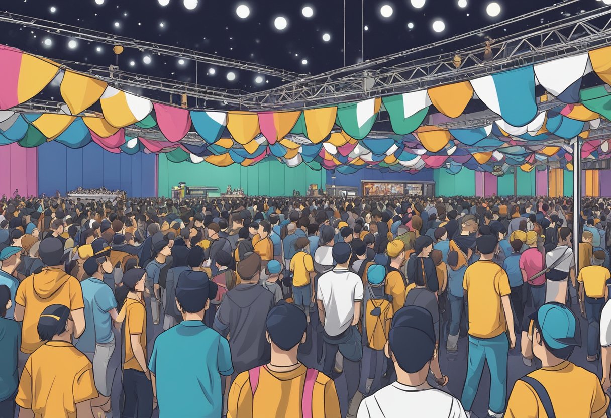 Fans gather at the venue, eagerly awaiting the arrival of the band. Banners and merchandise booths line the area, creating a buzz of excitement
