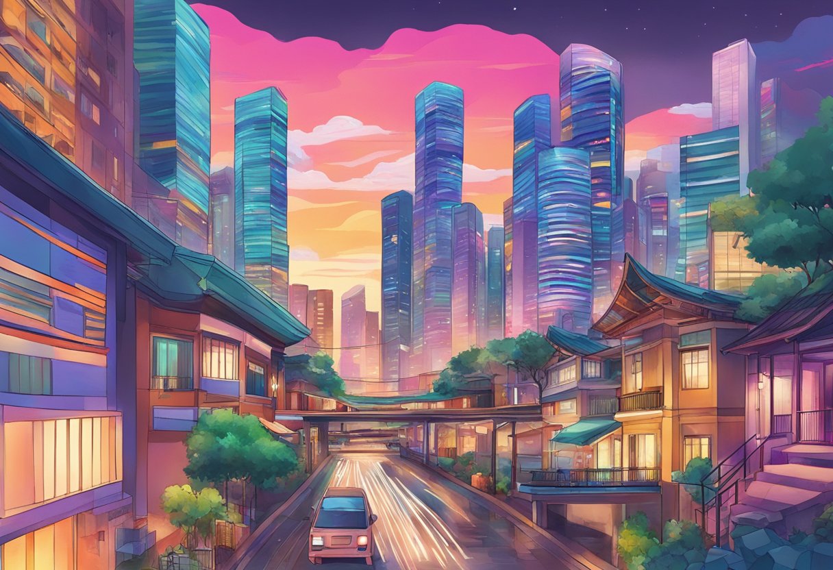 Agust D's music and artistry depicted in a Singaporean cityscape with vibrant colors and dynamic energy