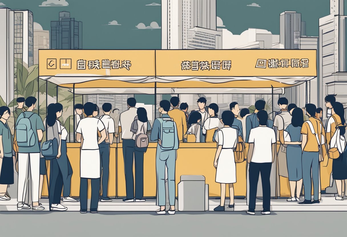 A crowd of people line up at a booth labeled "Frequently Asked Questions agust d singapore" with a sign displaying the same information