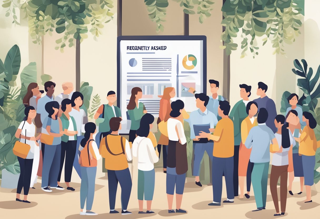 People gathered around a sign reading "Frequently Asked Questions" at a bustling event in Singapore