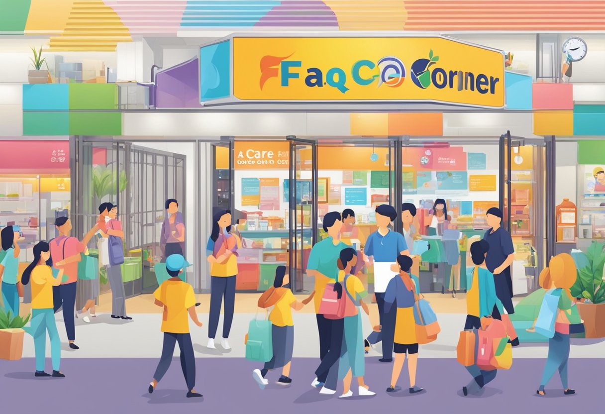 A colorful display of FAQ signs with the Care Corner Singapore logo, surrounded by helpful staff and visitors seeking information