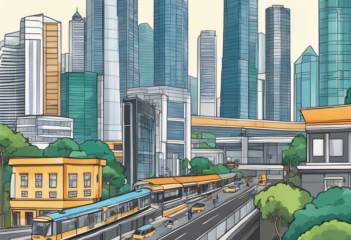A bustling cityscape of Singapore's Central Business District with towering skyscrapers and bustling streets