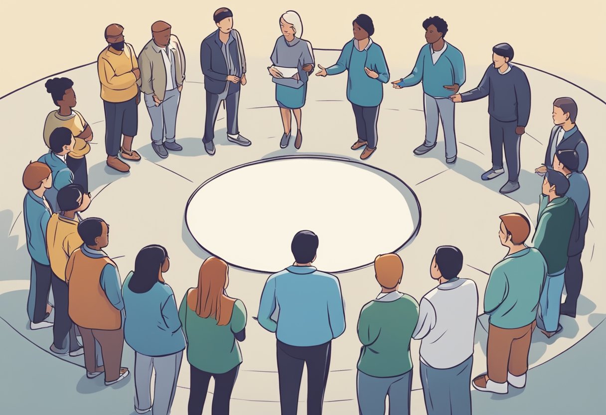 A group of people standing in a circle, with one person at the center giving directions while others listen and prepare to take action