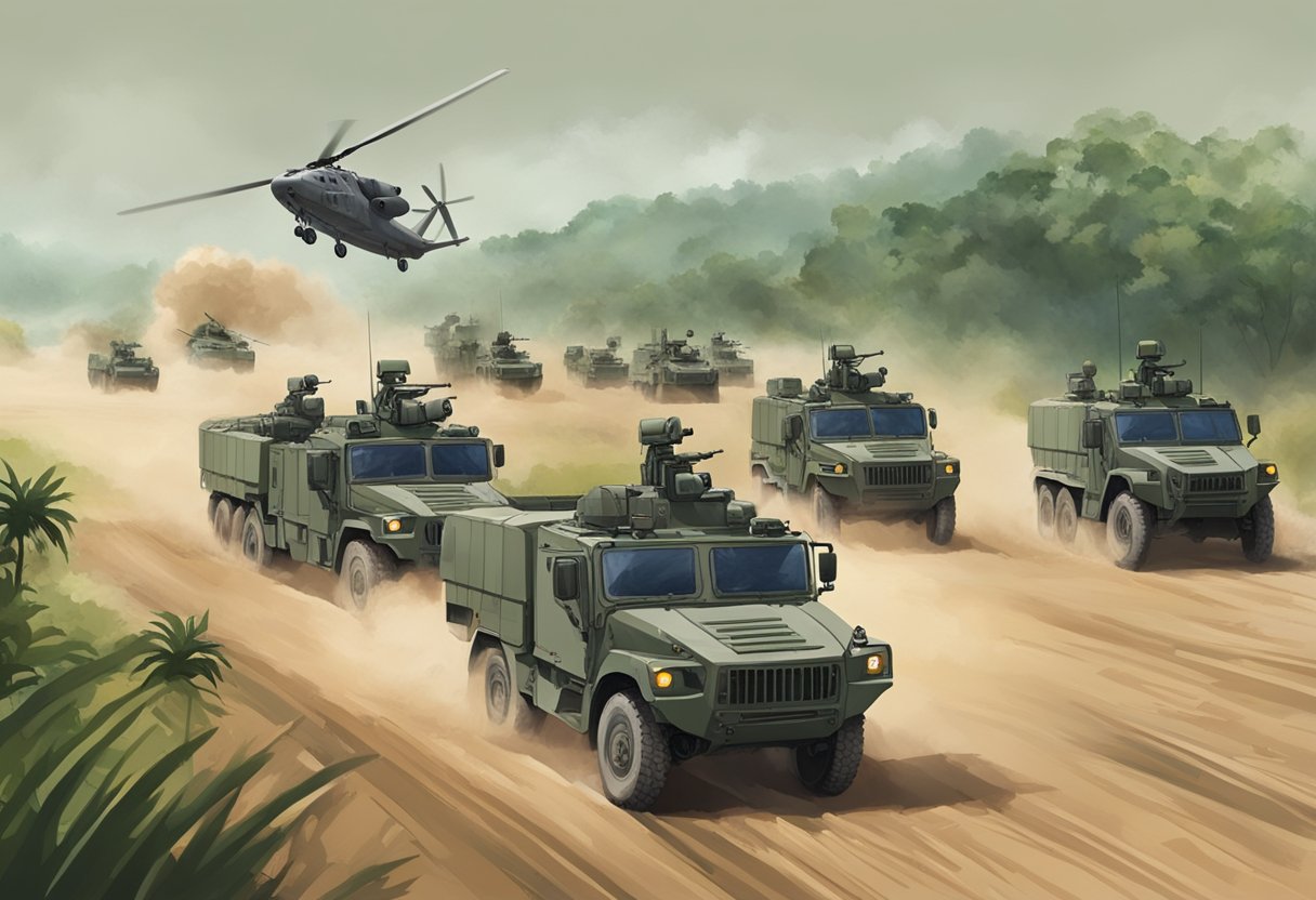 A group of military vehicles maneuvering in a strategic formation at the Operations and Engagements CDF Singapore