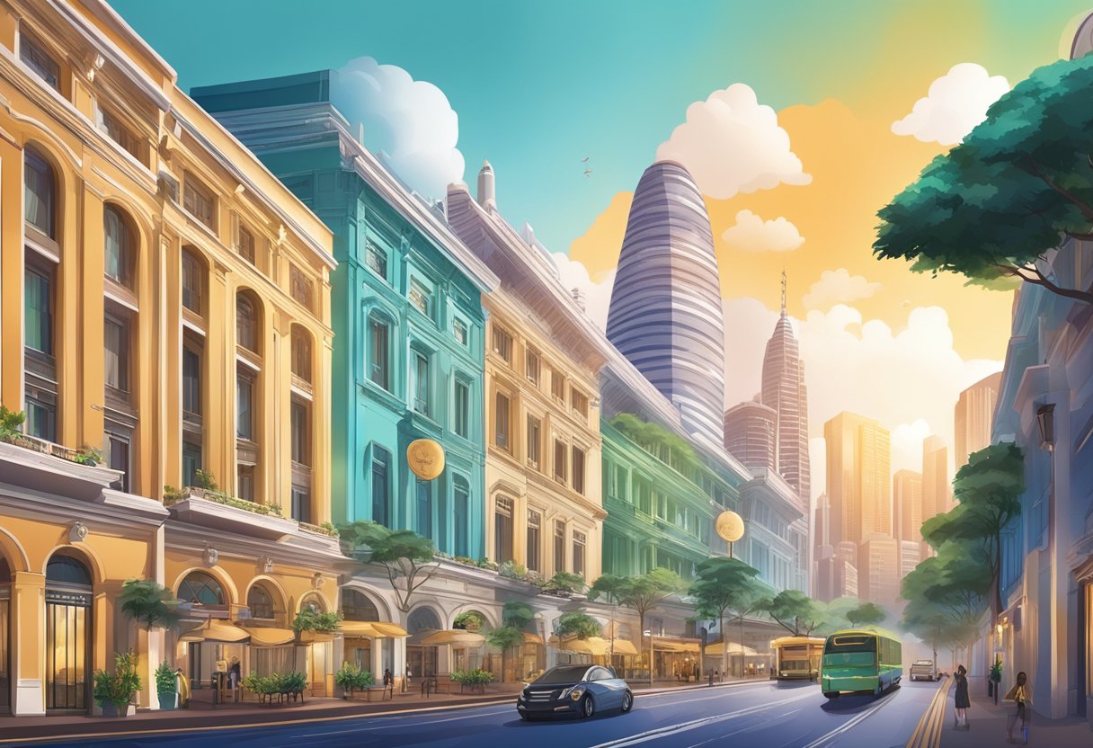 A vibrant cityscape with iconic landmarks and a luxurious hotel with a promotional banner in Singapore