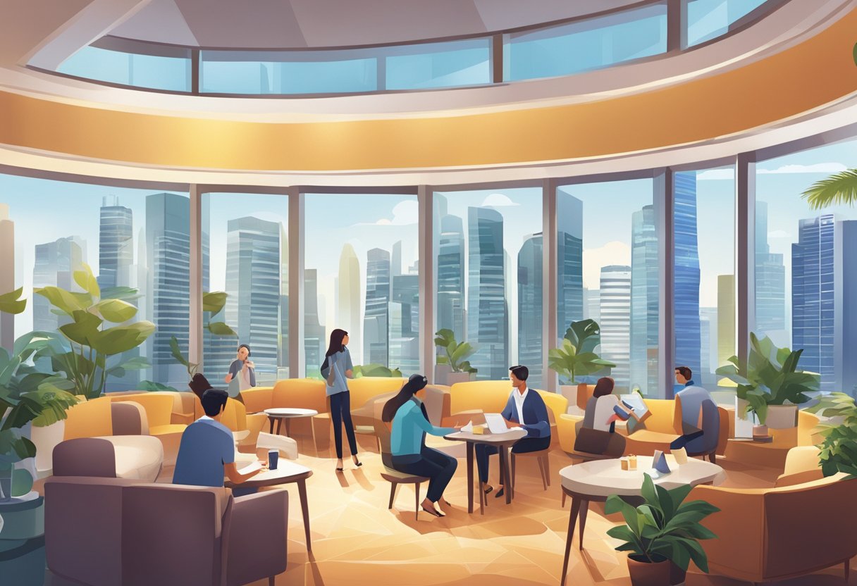 Guests excitedly uncovering various hotel promotions in Singapore. Brightly lit lobby with promotional posters and brochures. Iconic Singapore skyline visible through the windows