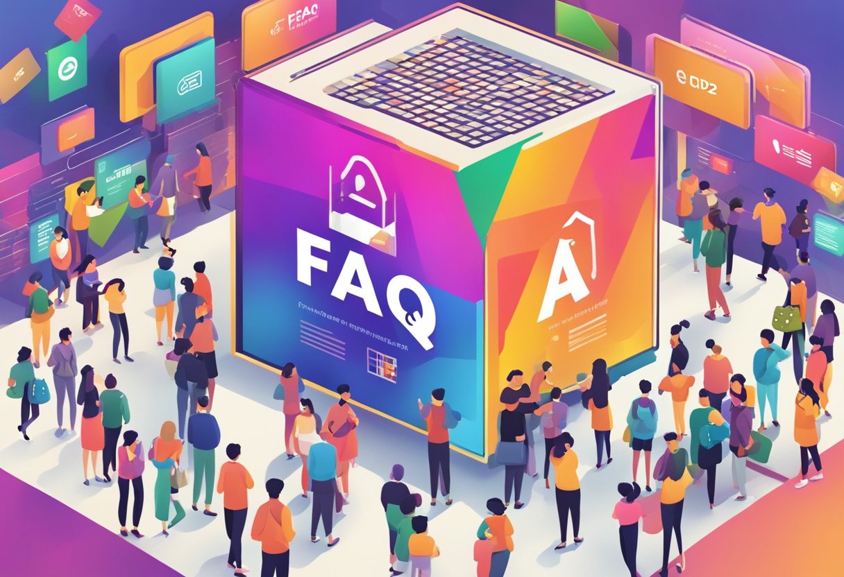A colorful display of FAQ signs with the CDF Singapore logo, surrounded by curious visitors