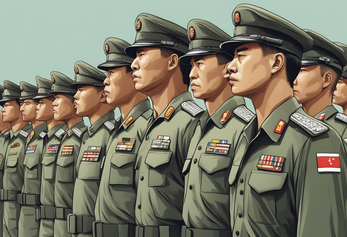 A stern-faced leader stands at the forefront, surrounded by organized military personnel in uniform, symbolizing the strength and discipline of the Singaporean defence force